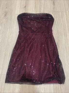 Zara Strapless Sequin Mesh Mini Dress in Burgundy